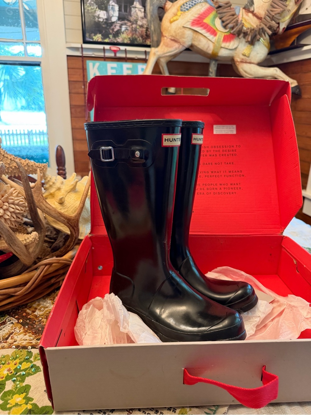 Hunter Glossy Black Tall Rain Boots with Buckle